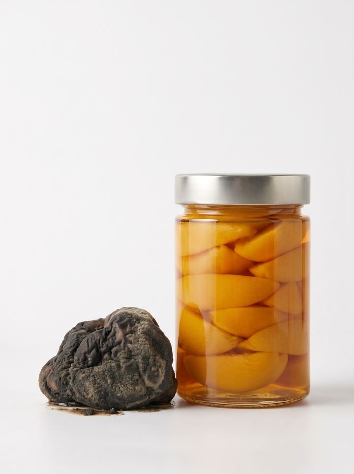 A rotten, moldy peach sitting next to a sealed jar of preserved peach slices.